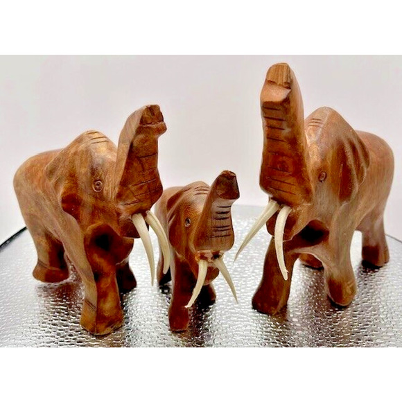 Wooden Elephant Family Figurines Hand Carved from Monkey Tree wood